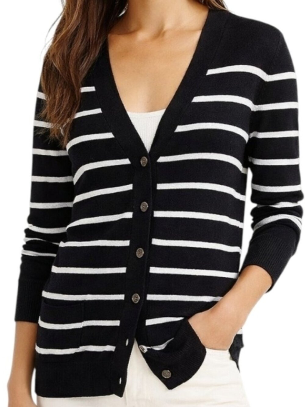 J Crew Cardigan Women Medium Black White Merino Wool